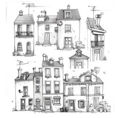Hand-Drawn Sketches of Charming Vintage Houses in Black and White