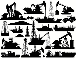 Black and White Silhouettes of Industrial Vehicles and Oil Rigs