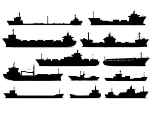 Obraz premium Collection Of Black Silhouettes Of Various Cargo Vessels On White Backgrounds