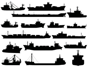 Fototapeta premium Collection Of Vessel Silhouettes Diverse Maritime Craft