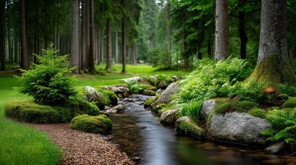 Obraz premium Serene Forest Stream Mossy Rocks and Lush Greenery in a Tranquil Woodland Setting
