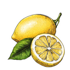 Zesty Lemons Handdrawn Citrus Illustration with Half Slice and Leaves.