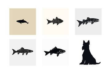 Silhouette set of fish whale and dog