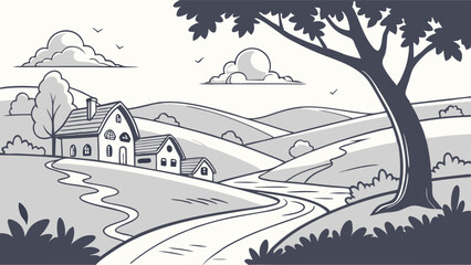 Serene Countryside Landscape Rolling Hills, Winding Road, and Charming Houses Illustration