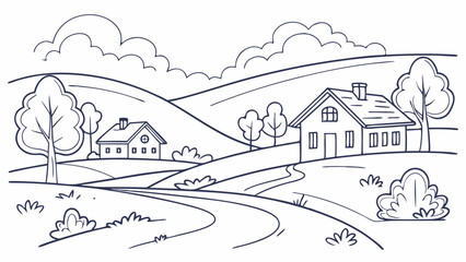 Obraz premium Serene Countryside Landscape Rolling Hills, Farmhouses, and Winding Path Illustration