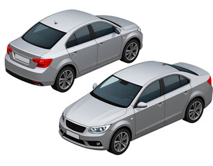 Two isometric views of a silver sedan, showcasing its design details from front and rear angles