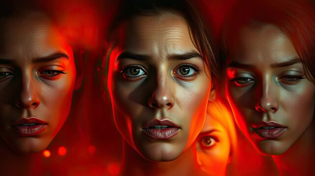 Women with piercing gazes radiate intense emotion, set against a glowing red background that heightens the drama.