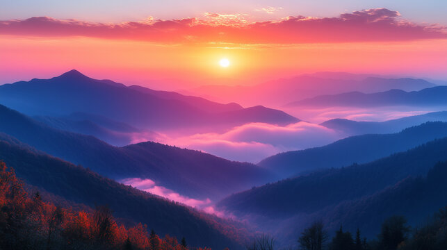 Majestic mountain landscape at sunrise, fog, orange-pink sky, peaceful and quiet, panoramic view, - Powered by Adobe