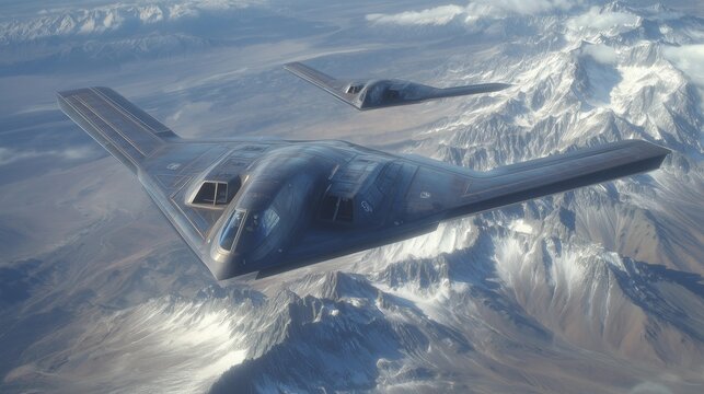 A truly unique, conceptual stealth UCAV, featuring a completely smooth, unbroken fuselage where a cockpit would be, flies with a distinct next-gen manned fighter.