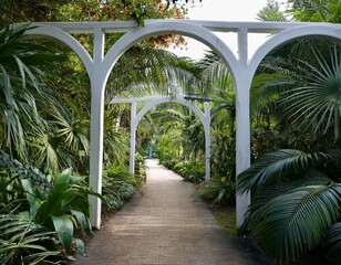 tropical garden path framed by white arches and plants