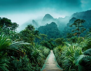 Fototapeta premium lush teal jungle path leading to misty mountains