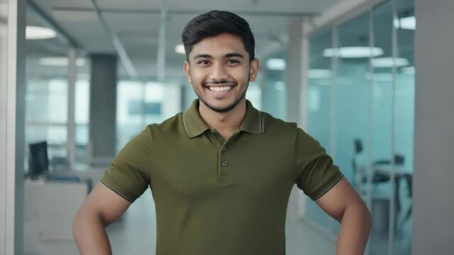 A confident indian office worker in a green polo shirt smiles with arms crossed inside a bright open workspace. Concept of approachable professionalism and youthful energy.
