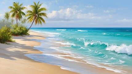 Fototapeta premium Serene Tropical Beach Scene Palm Trees and Turquoise Ocean Waves Gently Rolling onto a Sandy Shore
