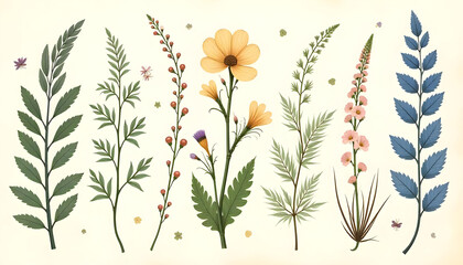 Elegant botanical illustration of blooming wildflowers and delicate ferns with vintage paper texture