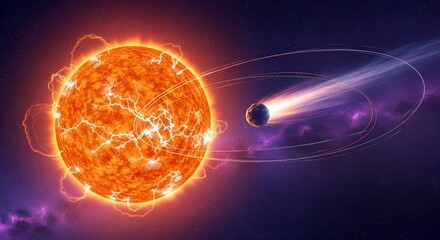 Dynamic space scene with fiery orange star and planet with tail orbiting in cosmic environment