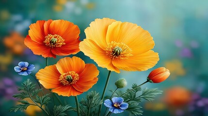 Vibrant Orange and Yellow Poppies Blooming in a Lush Garden Setting A Stunning Floral Display of Nature's Beauty