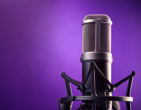 the sound recording studio showcases a professional microphone against a vibrant purple background making it a perfect backdrop for a podcast or recording studio there is ample copy space available fo