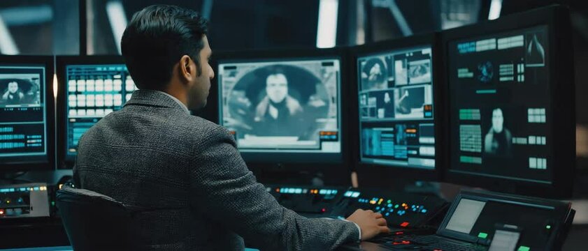 An indian security analyst monitors multiple high-tech screens at a dark control center, scanning live video feeds and data charts. Concept of cyber surveillance and critical infrastructure protection
