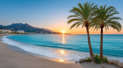 Obraz premium Stunning Sunrise over Calm Ocean Beach with Two Palm Trees and Mountains in Background