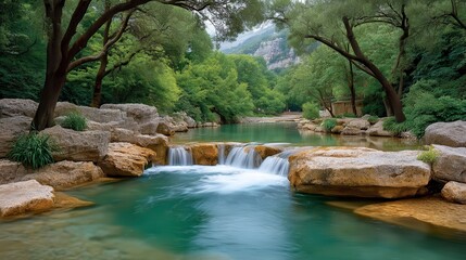 Naklejka premium Serene Waterfall in Lush Green Forest Landscape Tranquil River Scene with Rocks and Trees