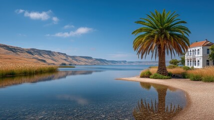 Obraz premium Serene Lakeside House with Palm Tree Stunning Summer Vacation Home by Calm Water