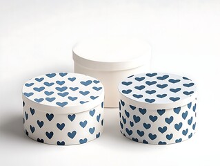Gift boxes with hearts pattern, and white background.