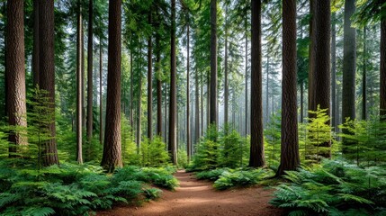 Naklejka premium Serene Path Through Lush Evergreen Forest Sunlight Dappled Trail Amongst Tall Trees