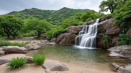 Obraz premium Serene Waterfall Cascading Over Rocks into a Tranquil Pool in a Lush Green Landscape