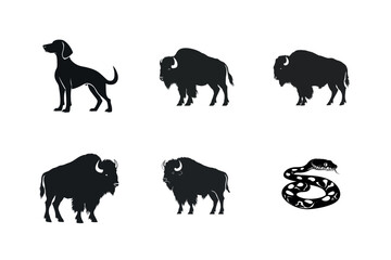 Naklejka premium Black silhouettes of dog bison and snake