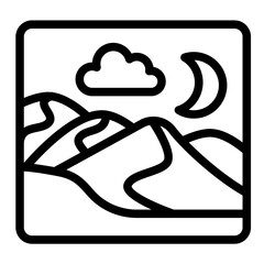 Dune desert night landscape line icon, arabian desert concept. Vector graphics. Desert picture with moon and sky cloud sign on white background, style for mobile or design.