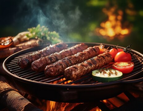 Chevapcici und Grillgem&uuml;se auf Holzkohlegrill mit gl&uuml;henden Kohlen