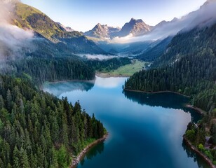 scenic aerial view of a lake surrounded by mountains and fog