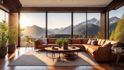 Fototapeta premium beautiful luxury warm living room with brown leather couches sofa sofa table and plants amazing enviable view to mountains landscape through the window during morning sunrise empty with nobody