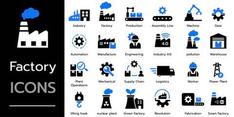 Set icon factory. industry, production, robotic, machine, manufacture, warehouse  and more. Solid vector icons collection	