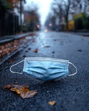 Discarded face mask lying empty street trampled forgotten symbolizing end of era macro shot ultra sharp detail high contrast between rough asphalt soft mask fabric cinematic moody lighting hyper