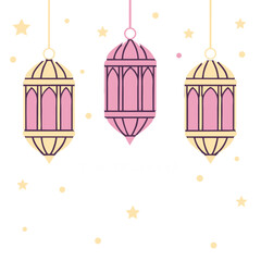Elegant Islamic lanterns with twinkling stars on a dark gradient background, perfect for festive digital use.