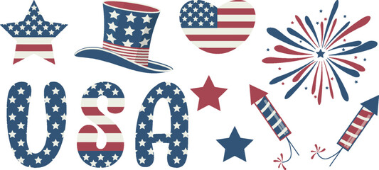 Obraz premium Set vintage elements USA culture 4th of july Independence day celebration symbol Patriotic heart American flag Stars stripes pattern Memorial Day political campaign design projects Text USA Fireworks