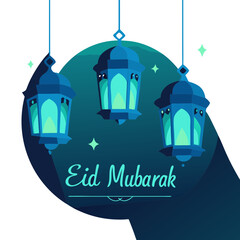 Elegant Islamic lanterns with twinkling stars on a dark gradient background, perfect for festive digital use.