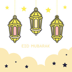 Elegant Islamic lanterns with twinkling stars on a dark gradient background, perfect for festive digital use.