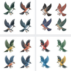 Seamless pattern set with flying bird and eagle silhouettes