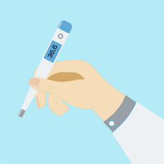 Obraz premium Human hand in medical white coat, on blue background, holds digital medical thermometer; White electronic thermometer with blue accent