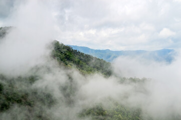 Mist in the valley during the Rain Season.Natural Rain Season landscape Northern Thailand.
