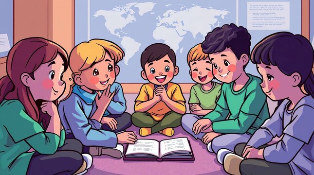 A circle of diverse children smiling as they read a book together against a world map backdrop - Powered by Adobe
