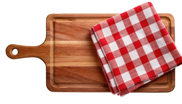 red and white tablecloth on wooden table isolated on white transparent background PNG