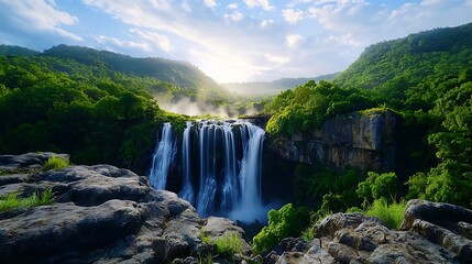 Fototapeta premium Stunning Waterfall Landscape with Lush Greenery