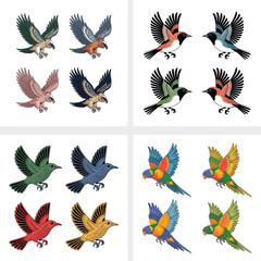 A colorful vector collection of flying birds, butterflies, and insects in nature with wing and flower design elements