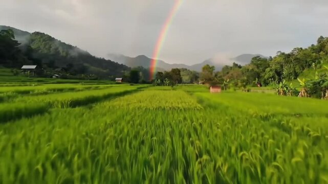 A stunning rainbow arches across a vivid green rice field set in a lush valley. The golden hour sunlight casts a warm glow, highlighting the beauty of rural nature and the peacefulness of this tropica