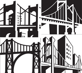 a collage of four stylized, black and white bridge icons.