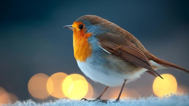 Close-Up Video of a Vibrant Robin Bird Standing on Snow with Soft Golden Lights.