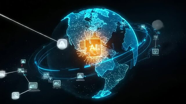 Digital representation of AI technology impacting global connections and data flow around Earth - Powered by Adobe